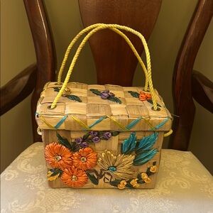 1950s handmade woven raffia, wicker, straw basket handbag, purse with flowers